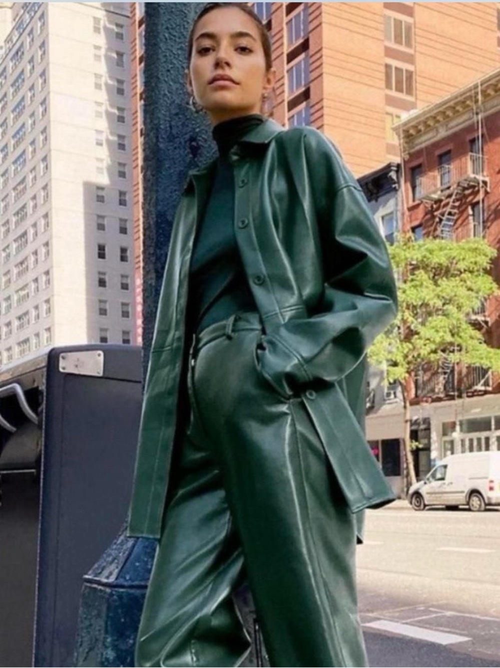 Babaton Dark Green Faux Leather Button-Up Jacket